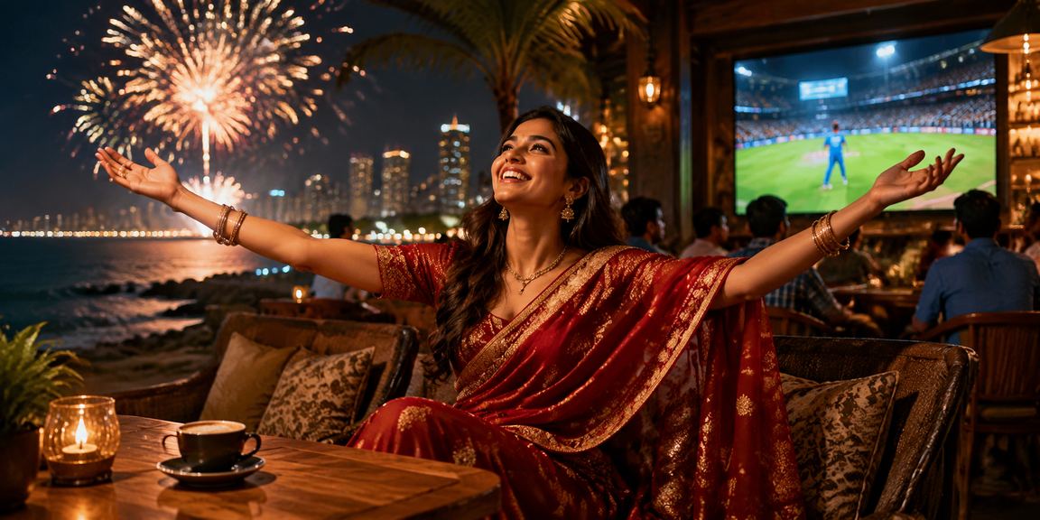 Indian woman enjoying cricket betting on mobile
